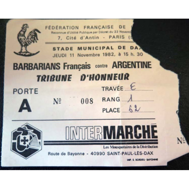 Billet des Barbarians Français contre Argentine FF Rugby 1982 Dax