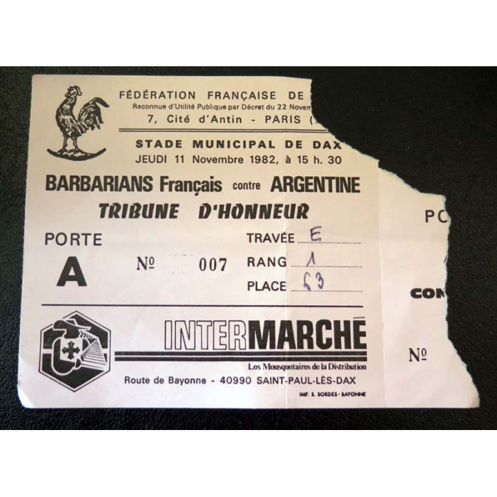 Billet des Barbarians Français contre Argentine FF Rugby 1982 Dax