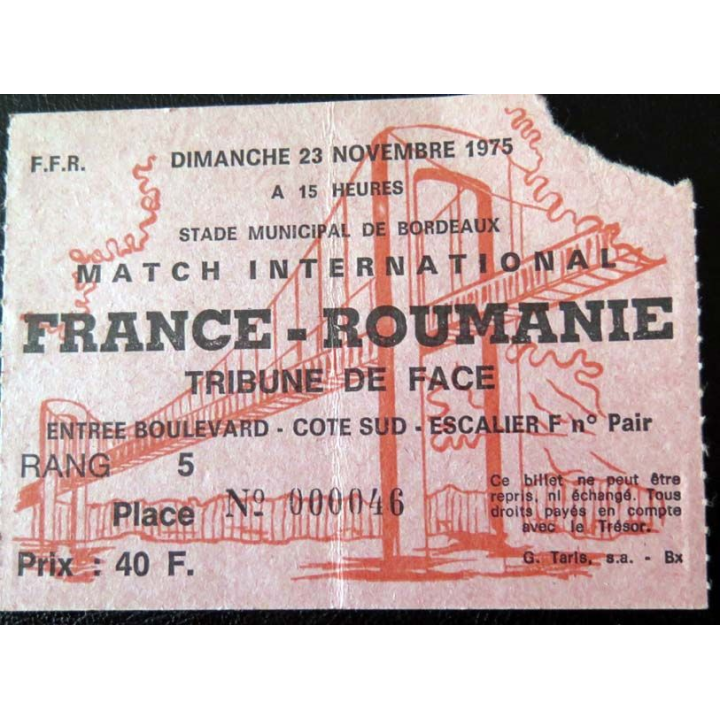 Billet Rugby France Roumanie Bordeaux 23 Novembre 1975