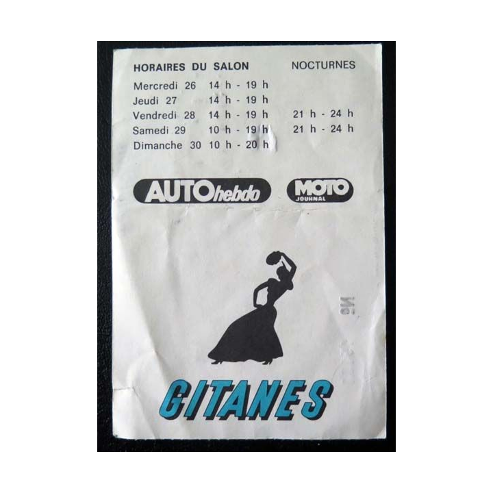 Billet du 6° salon auto moto de Bordeaux novembre 1980 avec Gitanes
