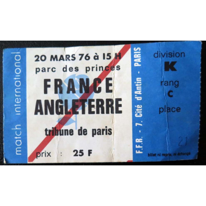 Billet de match de Rugby France Angleterre Paris 20 mars 1976