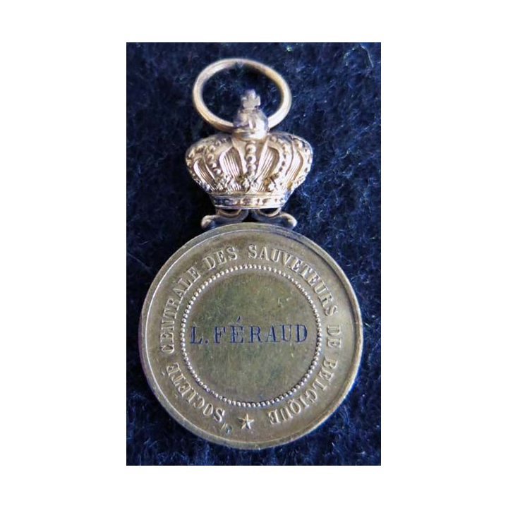 BELGIQUE :  médaille de la société centrale des sauveteurs belges type Léopold II attribuée à L. Feraud