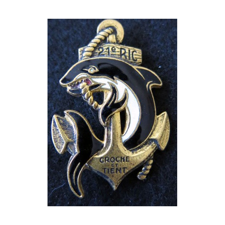 21° RIC : insigne métallique du 21° régiment d'infanterie coloniale de fabrication Drago O. Metra déposé émail
