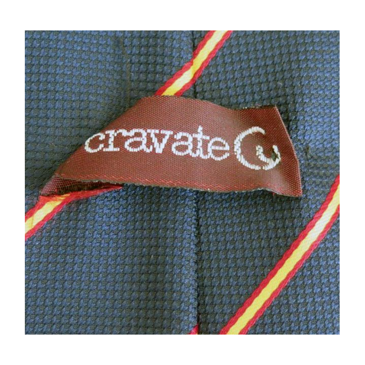 Cravate 100 % polyester rayée jaune et rouge dominante bleue fabriquée en France