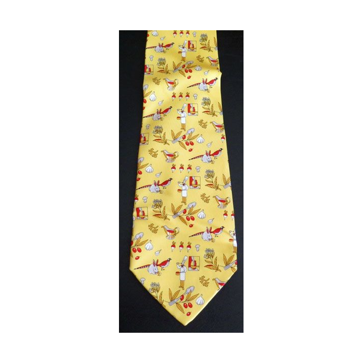Cravate  Amora Maille 100 % soie dominante jaune avec lapins et navets moutarde