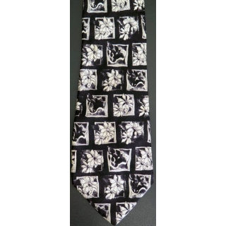 Cravate Brice 100 % soie à dominante noire avec fleurs blanches