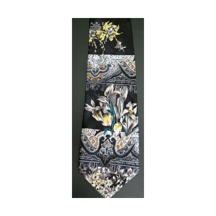 Cravate retro 100 % polyester à dominante noire avec motifs colorés