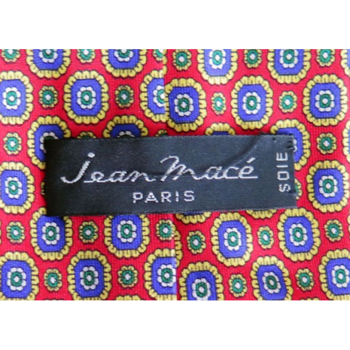 Cravate Jean Macé Paris 100 % soie à dominante rouge avec motis colorés 