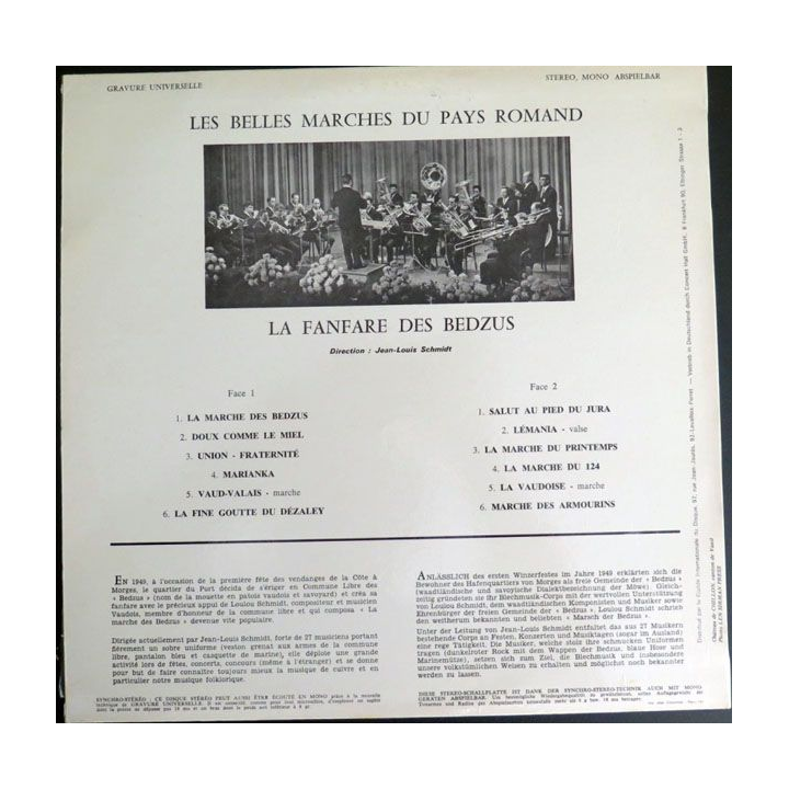 DISQUE 33 T : Les plus belles marches du pays Romand La fanfare des Bedzus