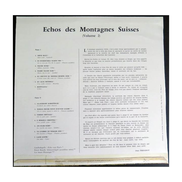 DISQUE 33 T :Echos des Montagnes Suisses