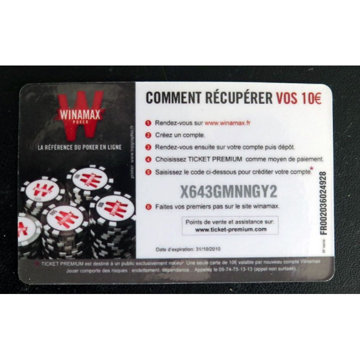 TELECARTE : télécarte TICKET PREMIUM 10 € Offerts sur Winamax