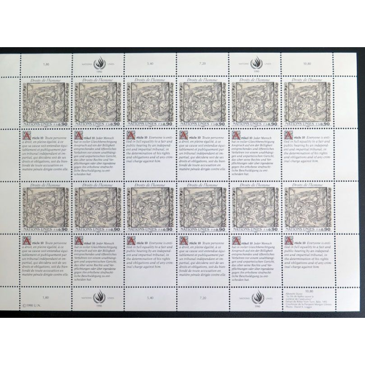 UN ONU : Planche de 12 timbres de l'ONU Human Rights article 10