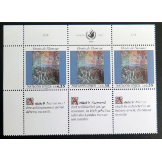 UN ONU : Planche de 3 timbres de l'ONU Human Rights article 9