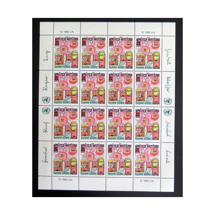 UN ONU : Planche de 16 timbres de l'ONU Human Rights 1948-83 1983