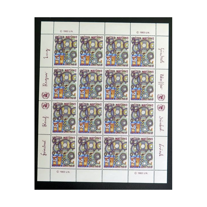 UN ONU : Planche de 16 timbres de l'ONU Human Rights 1948-83 1983