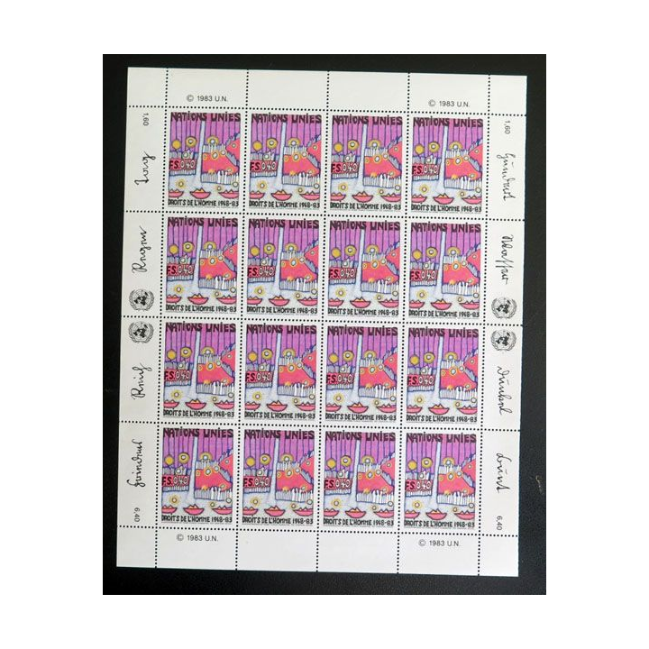 UN ONU : Planche de 16 timbres de l'ONU Droits de l'Homme 1948-83 1983