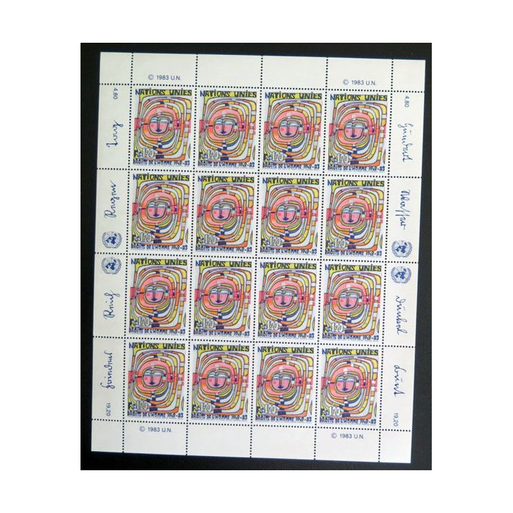 UN ONU : Planche de 16 timbres de l'ONU Droits de l'Homme 1948-83 1983