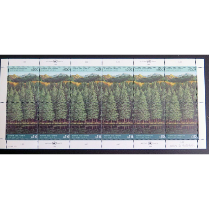 UN ONU : Planche de 12 timbres de l'ONU survie des forêts 1988
