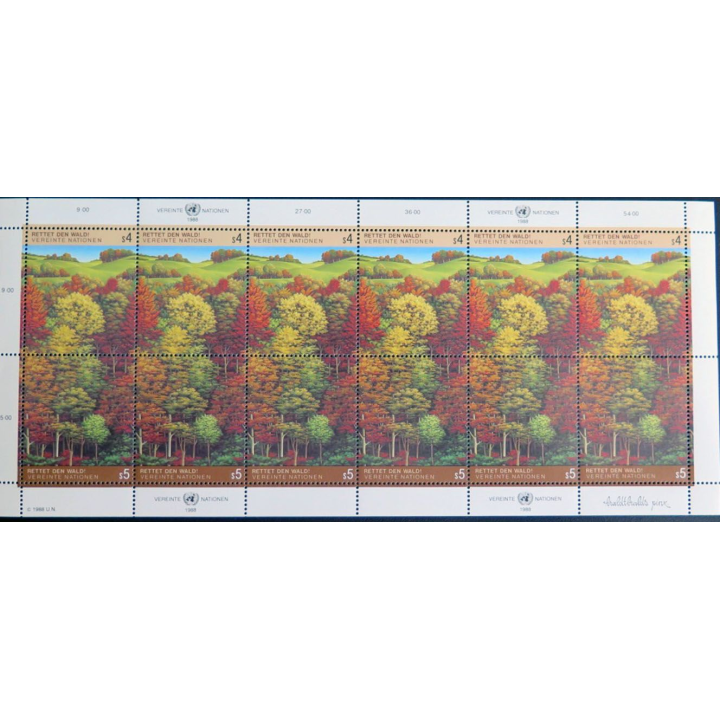 UN ONU : Planche de 12 timbres de l'ONU Retten den Wald 1988