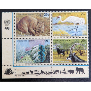 4 timbres UN ONU 1993 espèces menacées d'extinction Endangered Species