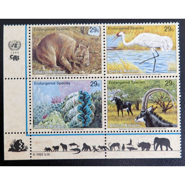 4 timbres UN ONU 1993 espèces menacées d'extinction Endangered Species