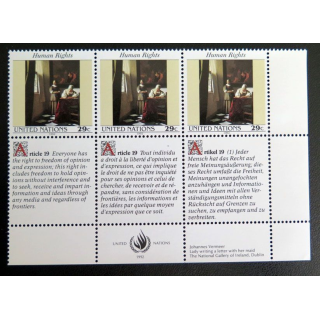 UN ONU : Planche de 3 timbres de l'ONU Human Rights article 19
