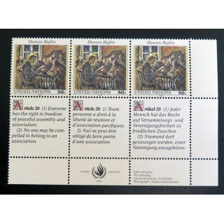 UN ONU : Planche de 3 timbres de l'ONU Human Rights article 20