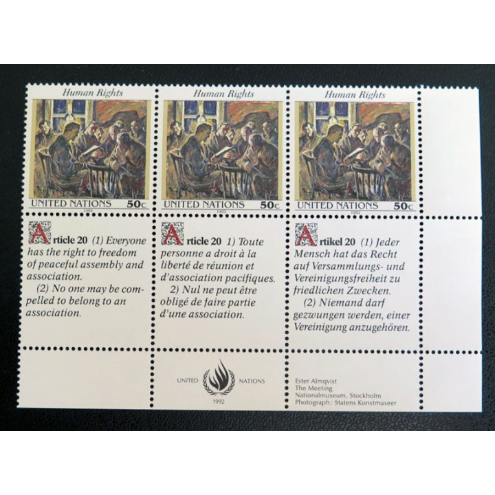UN ONU : Planche de 3 timbres de l'ONU Human Rights article 20