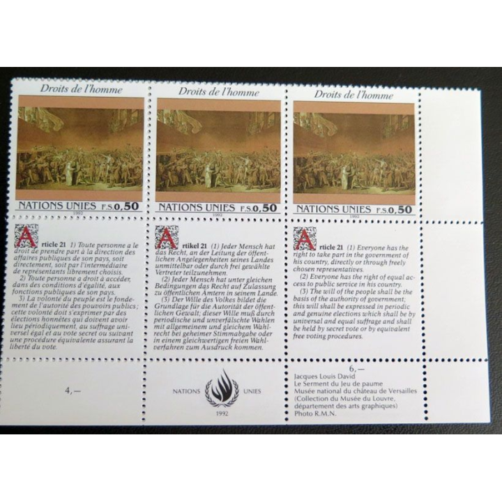 UN ONU : Planche de 3 timbres de l'ONU Human Rights article 21