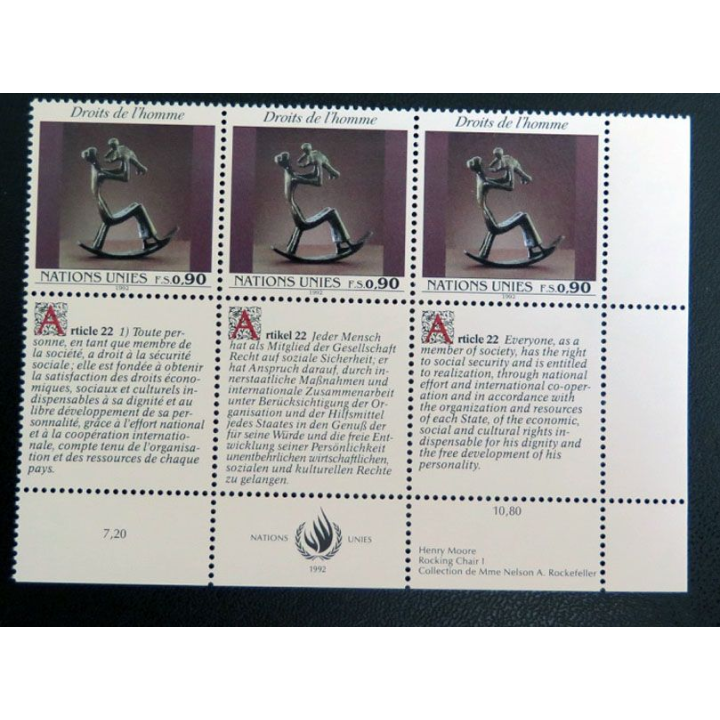 UN ONU : Planche de 3 timbres de l'ONU Human Rights article 22