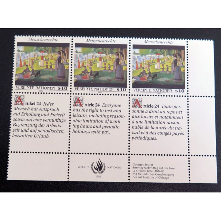 UN ONU : Planche de 3 timbres de l'ONU Human Rights article 24