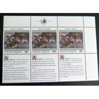 UN ONU : Planche de 3 timbres de l'ONU Human Rights article 14