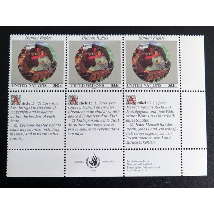 UN ONU : Planche de 3 timbres de l'ONU Human Rights article 13