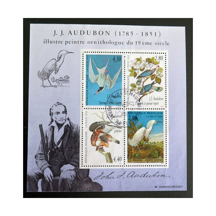 FRANCE : 4 timbres oblitérés sur J.J Audubon 1785 - 1851 ornithologue du 19°