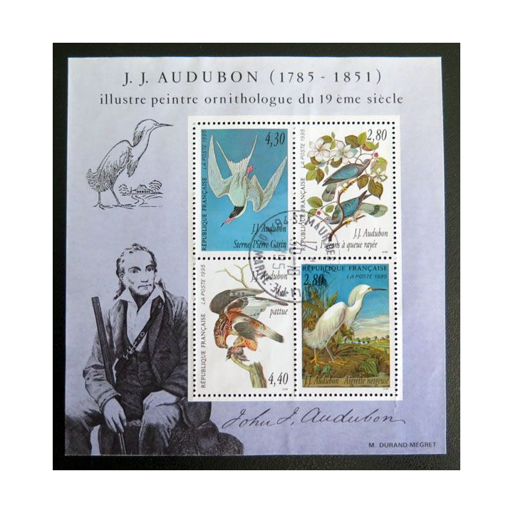 FRANCE : 4 timbres oblitérés sur J.J Audubon 1785 - 1851 ornithologue du 19°