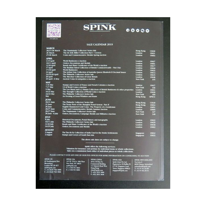 CATALOGUE SPINK 2019 pièces, timbres, actions et obligations
