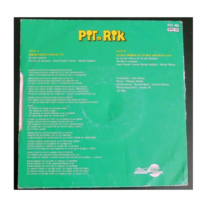 DISQUE 45 TOURS : Rikiki Pouce Pouce Pit et Rik