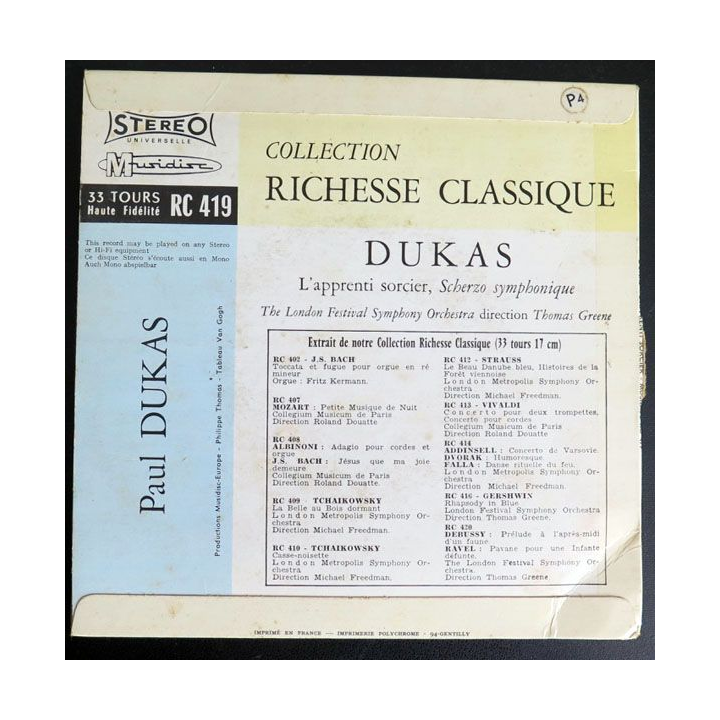 DISQUE 45 TOURS : L'apprenti sorcier de Dukas