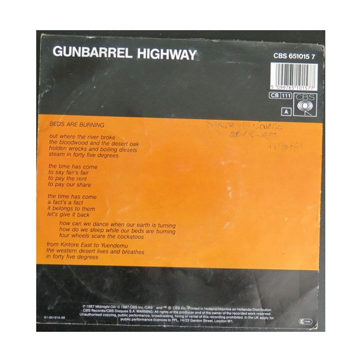 DISQUE 45 TOURS : Midnight Oil Beds are Burning Gunbarrel Highway 