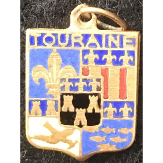 BLASON TOURAINE : insigne métallique ancien blason en émail de la Touraine 11 x 16 mm argenté anneau