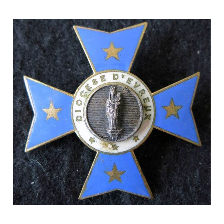 INSIGNE RELIGIEUX : Insigne métallique croix du diocèse d'Evreux en émail XIX° siècle
