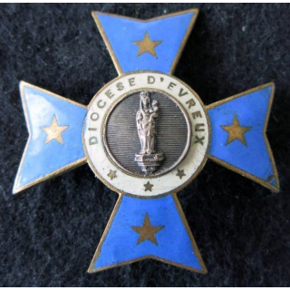 INSIGNE RELIGIEUX : Insigne métallique croix du diocèse d'Evreux en émail XIX° siècle