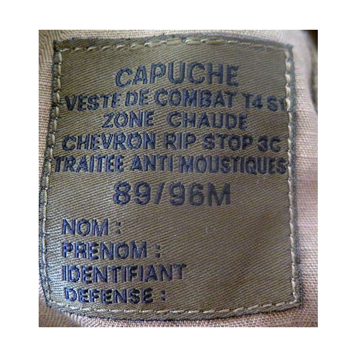 Capuche de tenue de combat T4 S Zone chaude antimoustiques 89 / 96 M