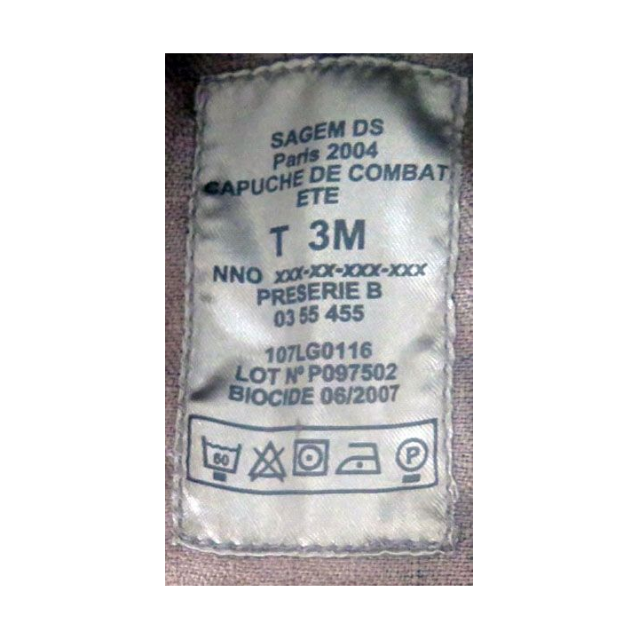 Capuche de tenue de combat été de taille T3 M avec fermeture éclair
