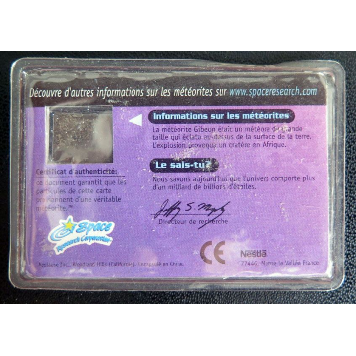 Poussière Stellaire de la météorite Gibeon SRC 3 n° d'authentification 03 126764