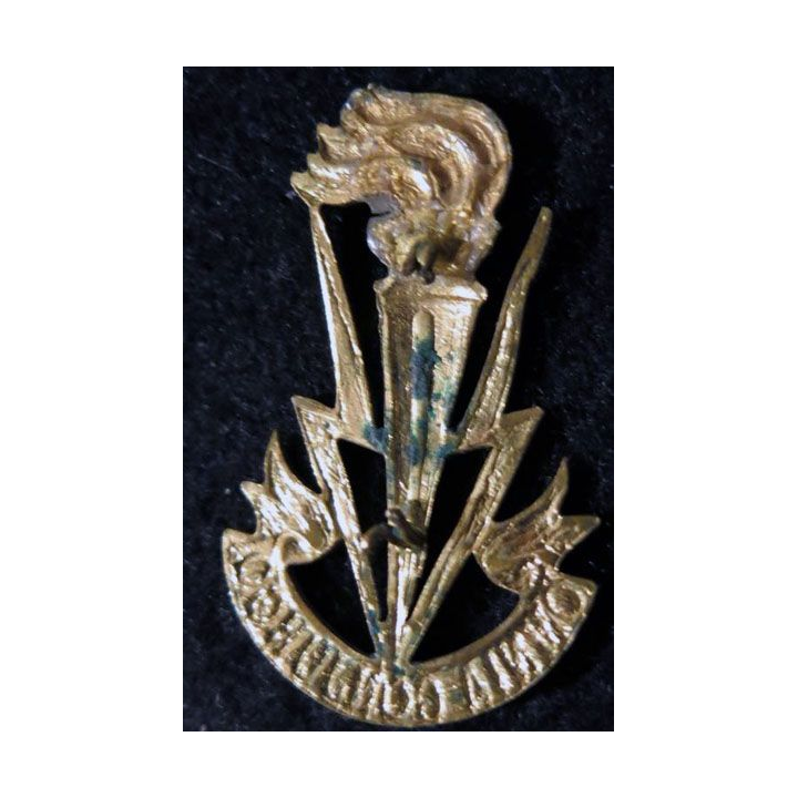 BELGIQUE : insigne de béret des Transmissions armée Belge avec comme devise "Omnia Conjungo" attache cassée
