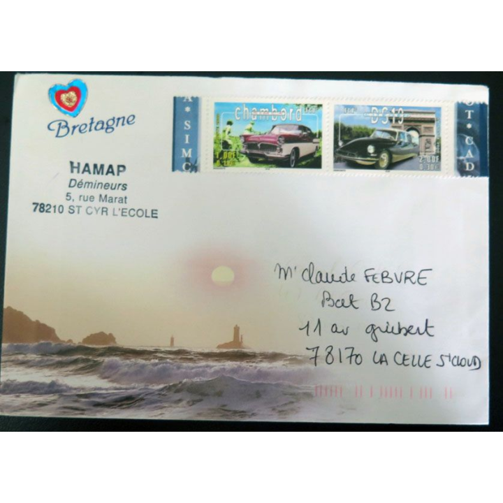 enveloppe Bretagne avec timbres neufs Chambord et DS 19