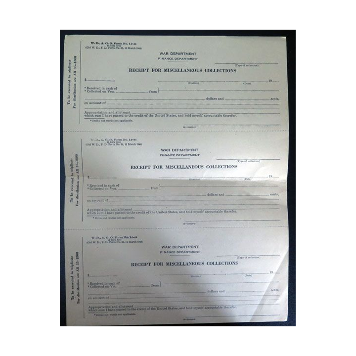 War departement finance dpt receipt for micellaneous collections