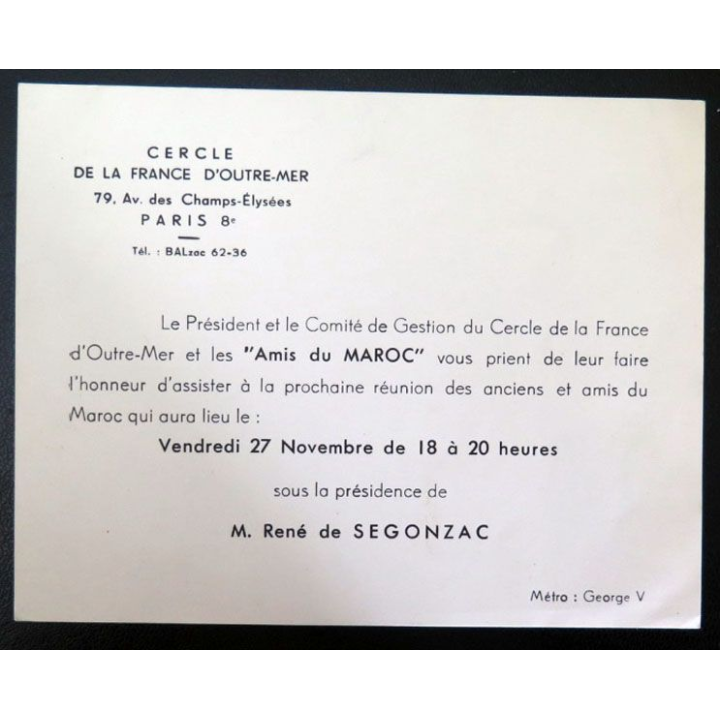 Carte du cercle de la France d'Outre mer invitation anciens amis Maroc