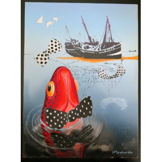 Peinture A4 gouache de Jean Paul Lombardo pêche et noeuds papillons